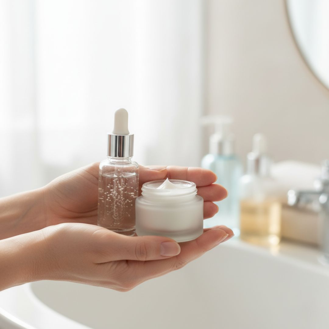Close-up of hands gently cupping a clear serum bottle with a dropper and a small white jar of face cream, presented in a clean bathroom setting with a blurred sink and toiletries in the background, symbolizing skincare products for hydration.