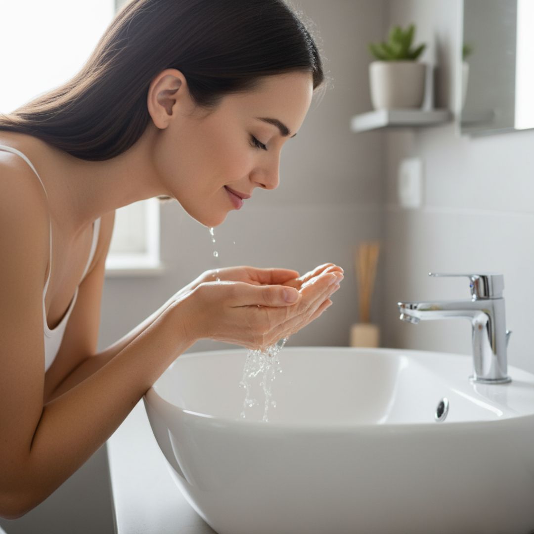 A serene person with closed eyes leaning over a white sink, gently splashing water onto their face from cupped hands, with a modern bathroom in the soft-focus background, illustrating gentle facial cleansing.