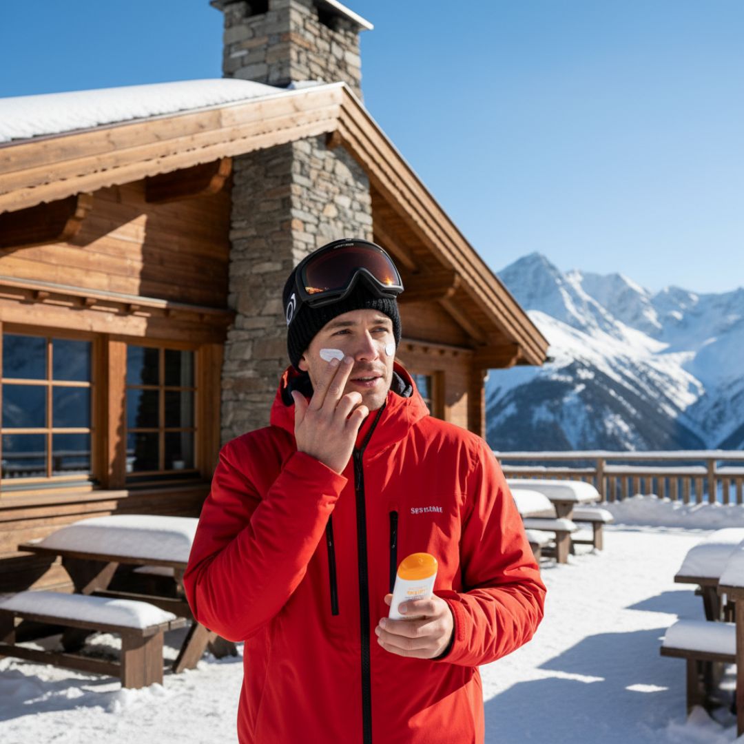 A person in a red ski jacket, black beanie, and goggles pushed up, standing casually outside a wooden ski lodge with stone accents. They are applying sunscreen to their face with one hand while holding the sunscreen bottle in the other. Snow-covered picnic tables are visible in the foreground, and snowy mountains are in the background under a bright blue sky.