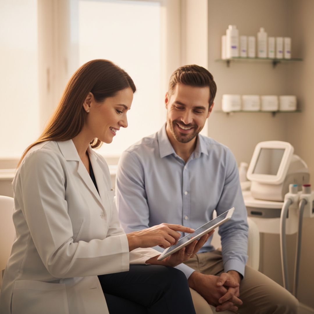 a dermatologist or medical aesthetician consulting with a patient in a clean, modern clinic setting
