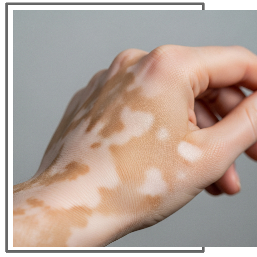 A close-up, respectful photograph showing the distinct patches of depigmented skin on a person's hand, clearly illustrating the effects of vitiligo.