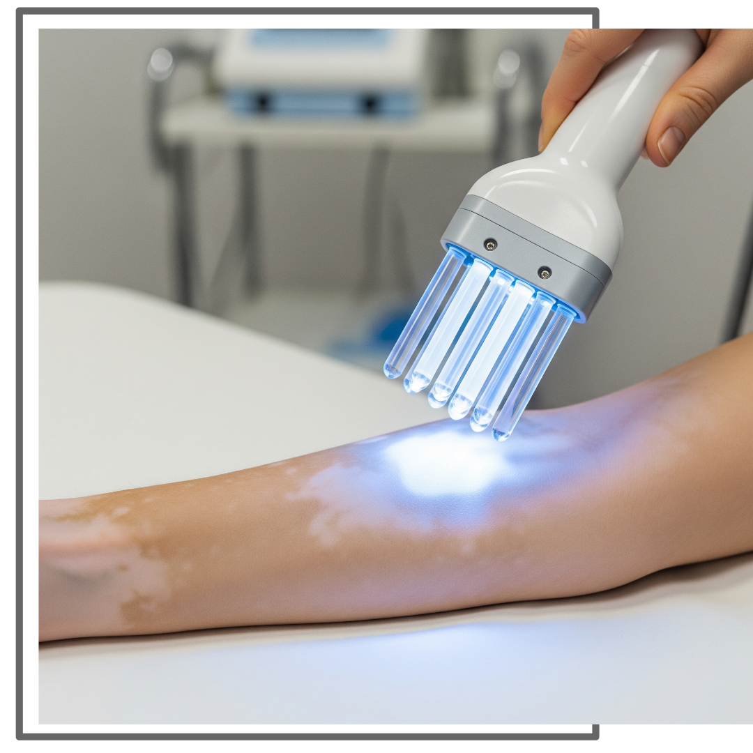A patient undergoing UVB phototherapy treatment in a clinical setting, with a narrow-band light device focused on an area of skin affected by vitiligo.