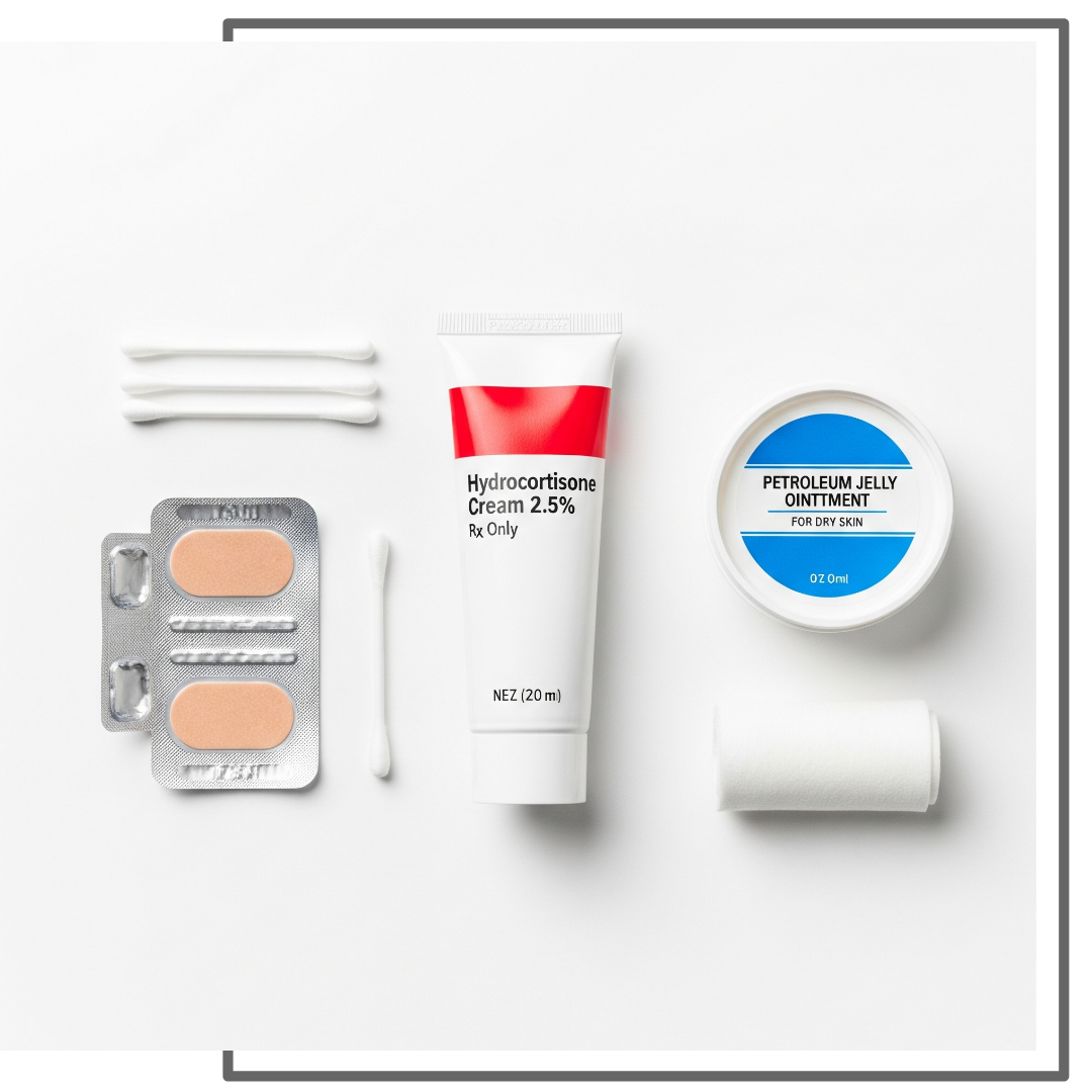 A clean, flat-lay arrangement of topical dermatological creams and ointments on a sterile surface, representing the medical treatments available for vitiligo.