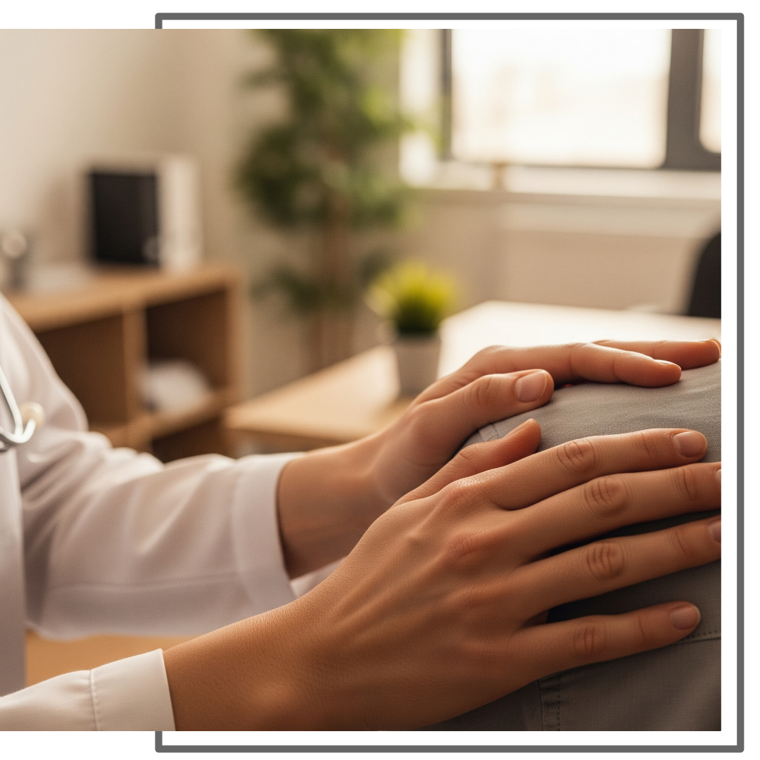 A close-up shot of a caring healthcare provider's hands resting reassuringly on a patient's shoulder, conveying a sense of compassionate support and understanding.