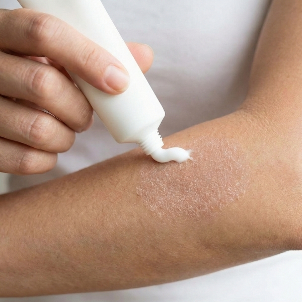 applying a prescription topical cream to a dry skin patch
