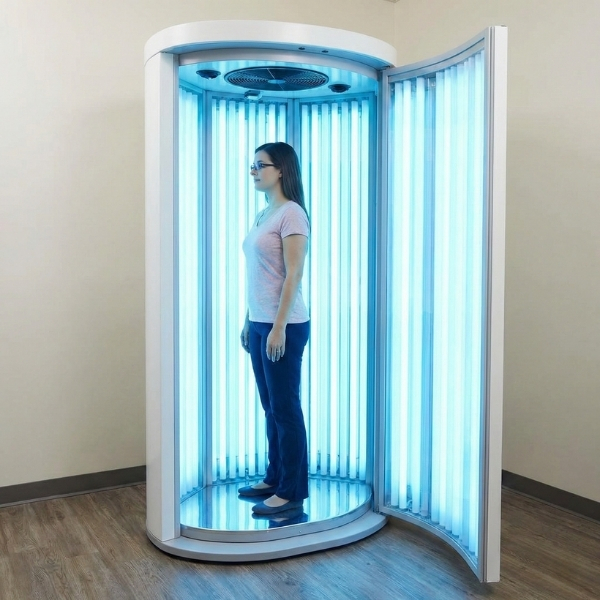 A patient receiving phototherapy treatment in a medical light booth