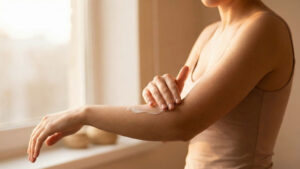 Hands applying moisturizer to dry skin
