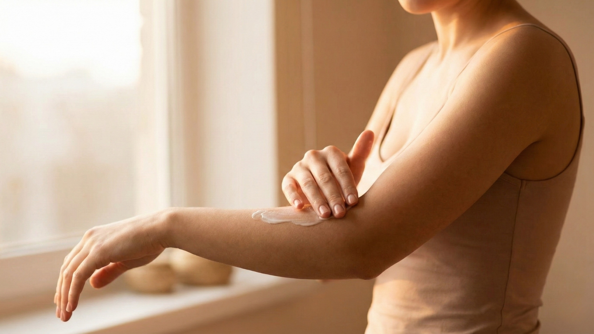 Hands applying moisturizer to dry skin