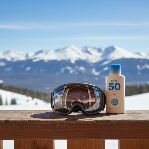 In the foreground, a pair of high-end ski goggles and a bottle of sunscreen sit on a wooden ledge with soft focus.