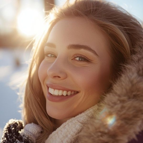 Close-up of a woman with radiant skin in a winter setting, emphasizing sun protection and health.