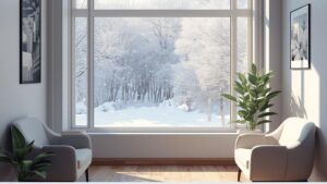 A bright and modern dermatology clinic interior with a peaceful winter view through the window.