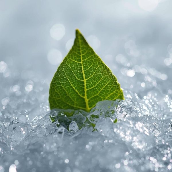 A macro shot of a green leaf emerging from ice, representing skin renewal and revitalization.