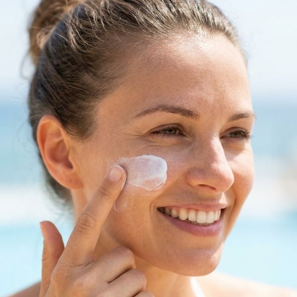 Woman applying facial sunscreen