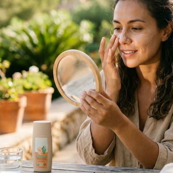 A Hispanic woman applying naturally tinted sunscreen to her face outdoors