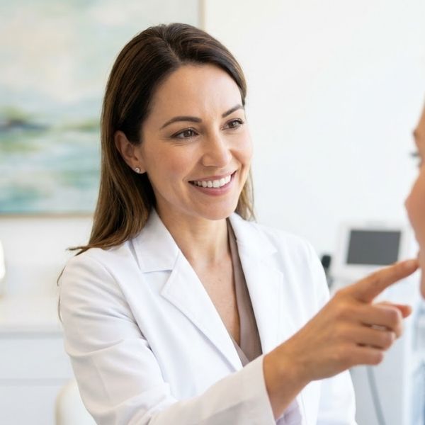 A smiling dermatologist in a lab coat pointing toward a patient in a modern clinic.