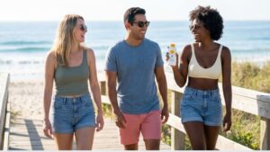 A group of smiling friends walking outdoors holding a bottle of sunblock.
